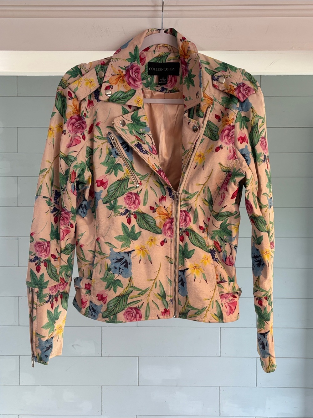 Colleen Lopez Pink Floral faux Leather Moto Jacket